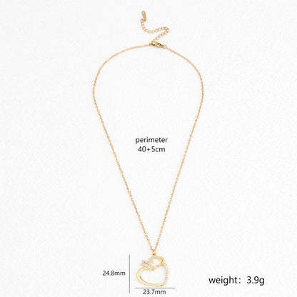 Stainless Steel 18K Gold Plated Elegant Formal Simple Style Heart Shape Wings Key Polishing Inlay Zircon Pendant Necklace