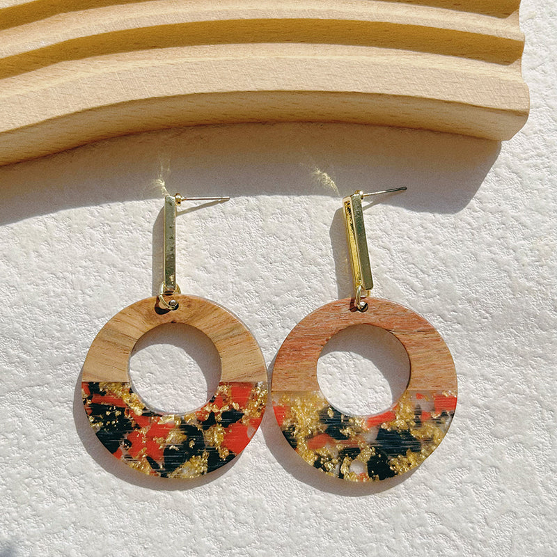 1 Pair Classical Retro Water Droplets Heart Shape Asymmetrical Wood Resin Sequins Resin 14k Gold Plated Drop Earrings