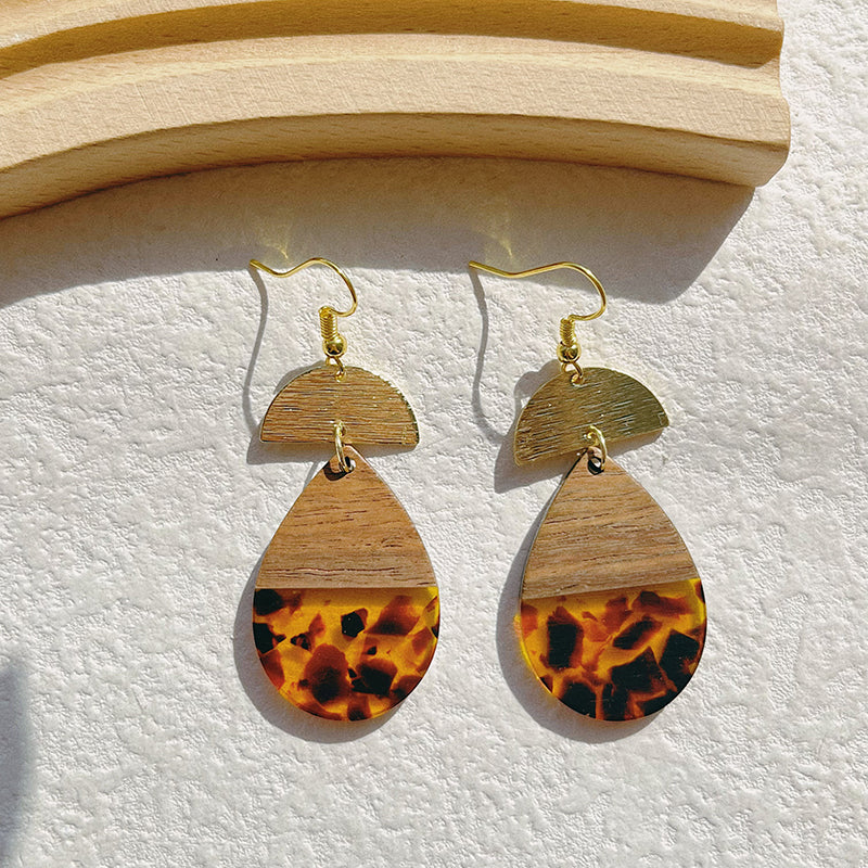 1 Pair Classical Classic Style Water Droplets Heart Shape Printing Plating Wood Resin 14k Gold Plated Drop Earrings