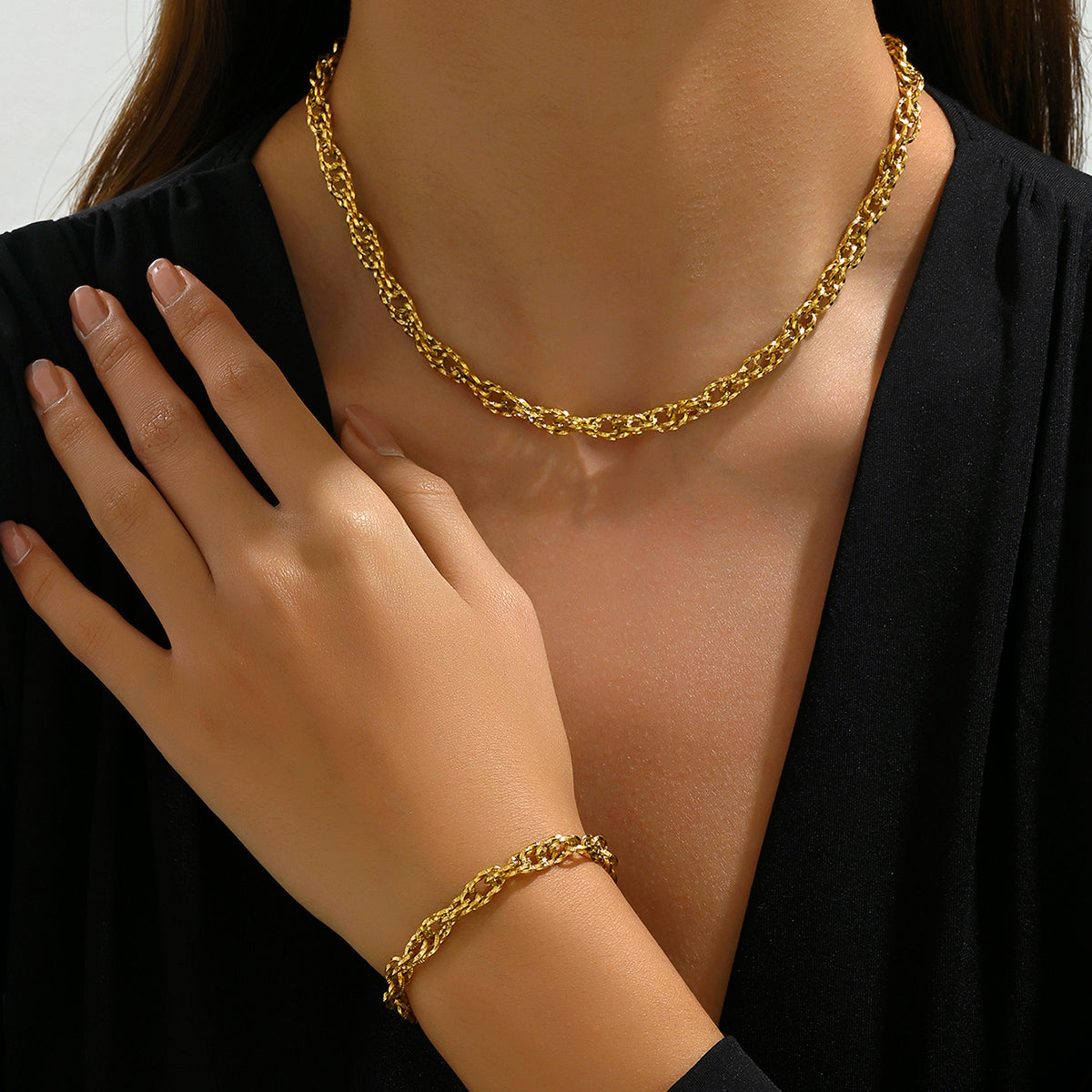 Wholesale Elegant Geometric Stainless Steel Plating 14k Gold Plated Bracelets Necklace