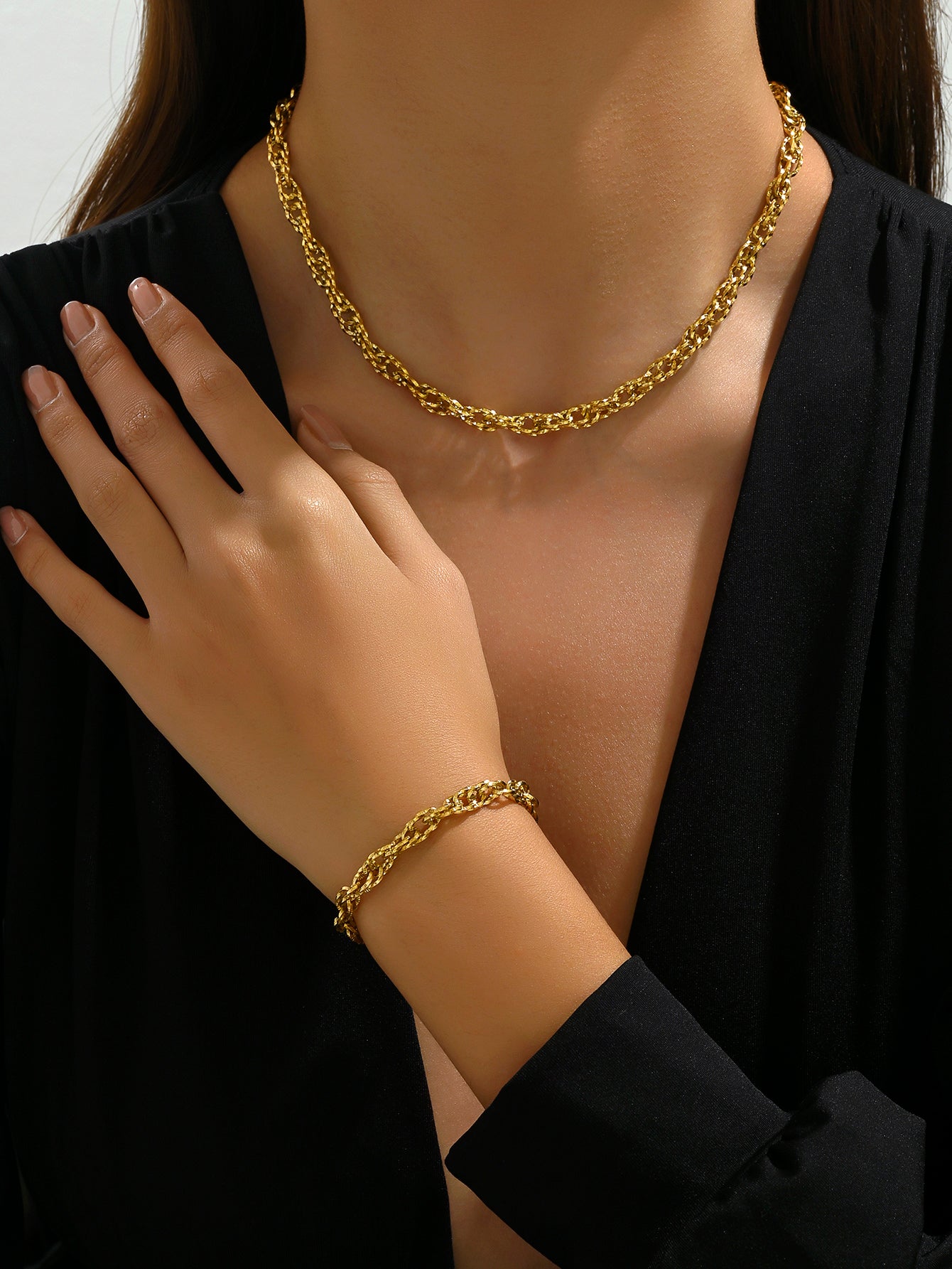 Wholesale Elegant Geometric Stainless Steel Plating 14k Gold Plated Bracelets Necklace