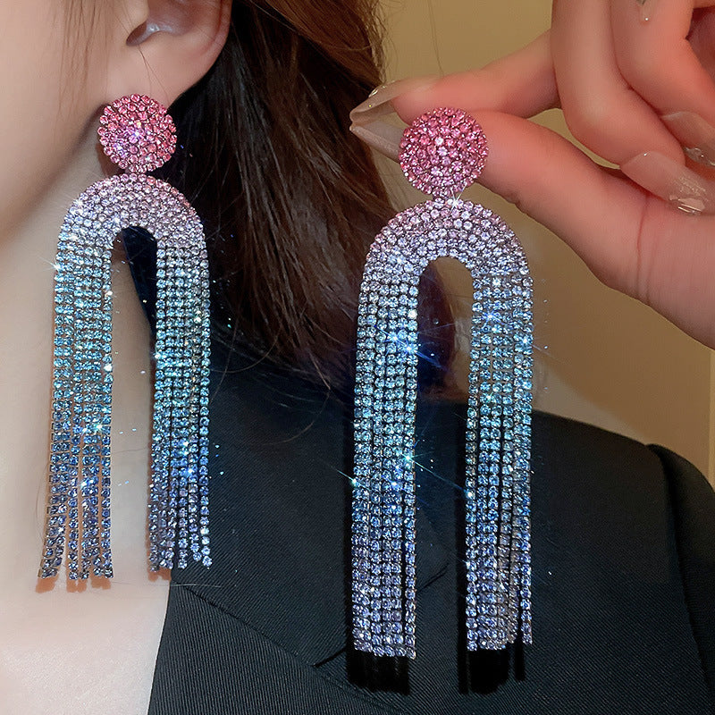 1 Pair Elegant Luxurious U Shape Tassel Inlay Alloy Rhinestones Drop Earrings