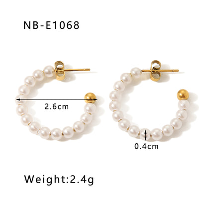 1 Pair Vacation Modern Style Simple Style C Shape Beaded Plating Inlay Stainless Steel Artificial Pearls Diamond 18k Gold Plated Ear Studs