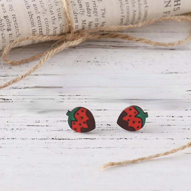 Retro Letter Heart Shape Strawberry Wood Ear Studs