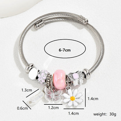 Cute Fashion Sweet Devil's Eye Feather Flower Stainless Steel Plating Inlay Zircon White Gold Plated Bangle