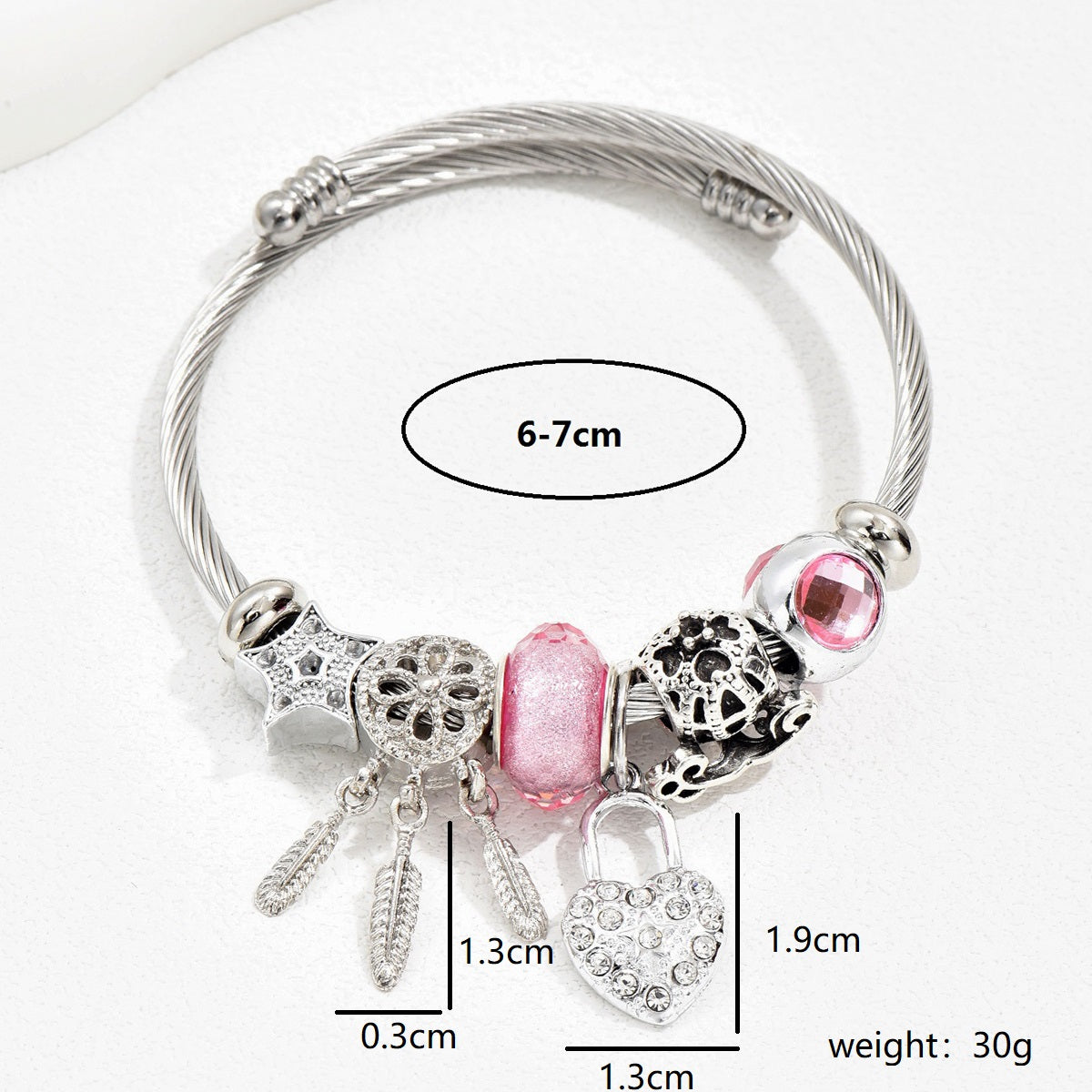 Cute Fashion Sweet Devil's Eye Feather Flower Stainless Steel Plating Inlay Zircon White Gold Plated Bangle