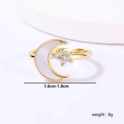 Casual Sweet Star Moon Heart Shape Shell Plating Inlay Shell Zircon 18k Gold Plated Women's Open Rings