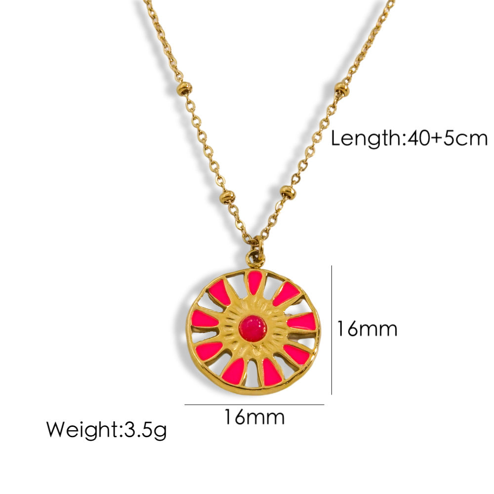 Sweet Sun Titanium Steel Enamel Inlay Natural Stone Pendant Necklace