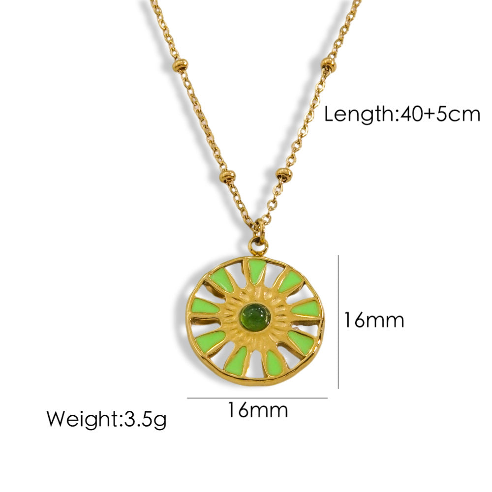 Sweet Sun Titanium Steel Enamel Inlay Natural Stone Pendant Necklace