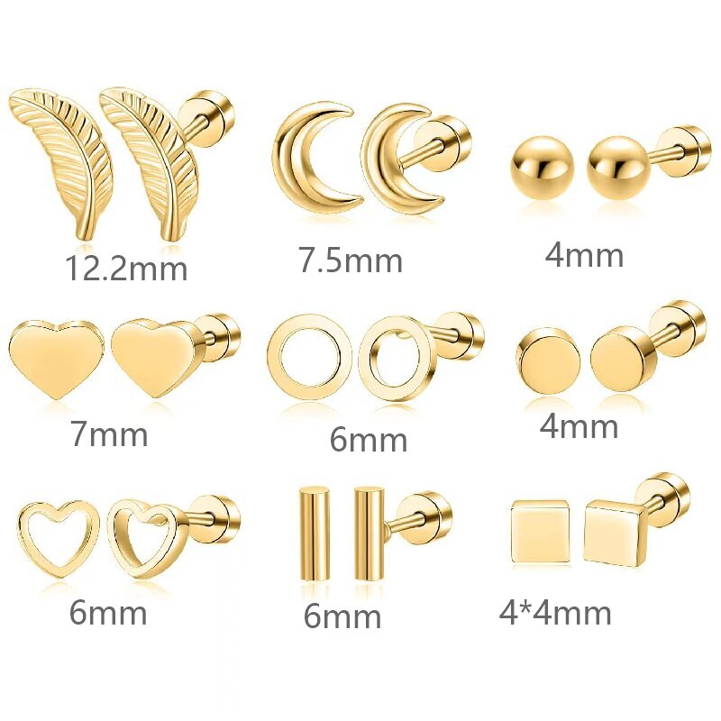 9 Pairs Simple Style Moon Tree Heart Shape Plating Stainless Steel 18k Gold Plated Ear Studs