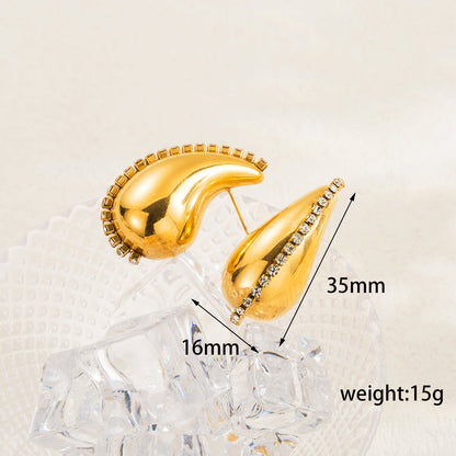 1 Pair Vintage Style C Shape Water Droplets Heart Shape Plating Inlay Stainless Steel Zircon 18k Gold Plated Ear Studs