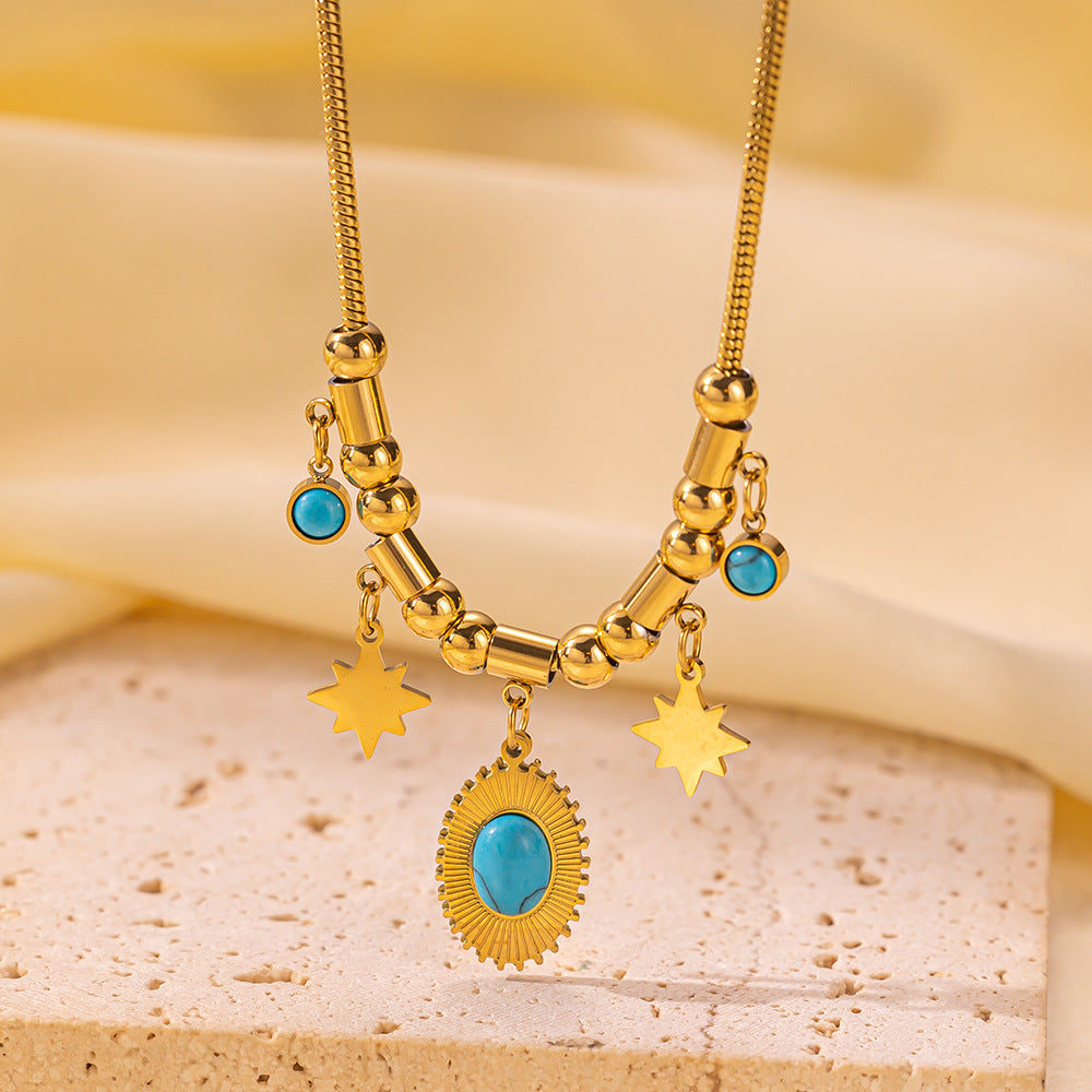 Wholesale Vintage Style Classic Style Round Water Droplets Eye Titanium Steel Plating Inlay 18k Gold Plated Turquoise Rhinestones Bracelets Necklace