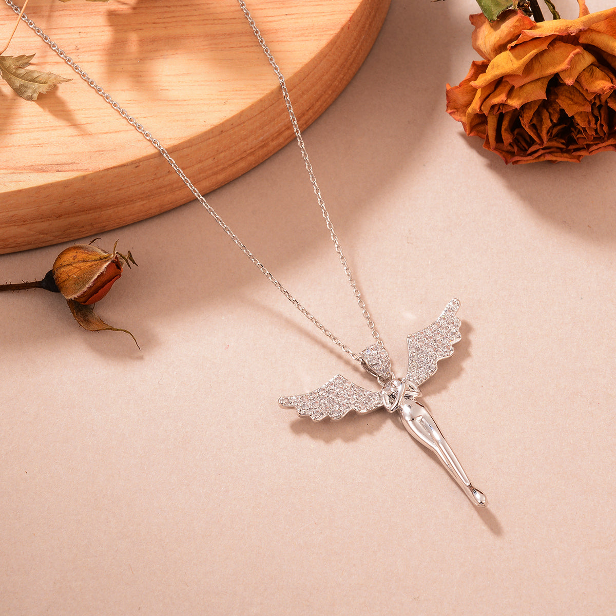 Ig Style Sweet Angel Copper Plating Inlay Zircon White Gold Plated Pendant Necklace