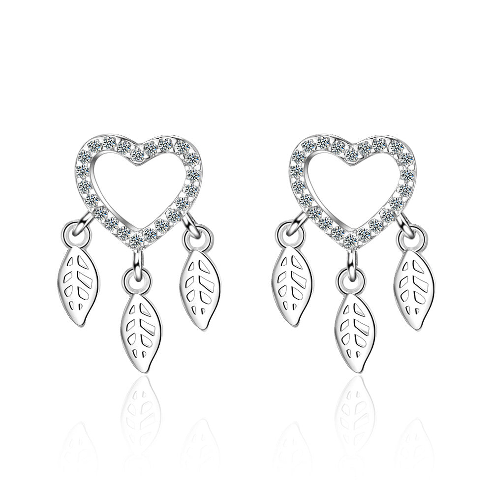 1 Pair Sweet Leaves Heart Shape Plating Hollow Out Inlay Copper Zircon Silver Plated Drop Earrings