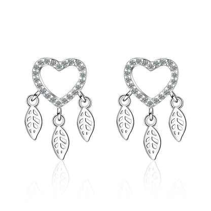 1 Pair Sweet Leaves Heart Shape Plating Hollow Out Inlay Copper Zircon Silver Plated Drop Earrings