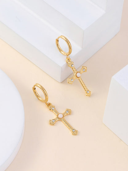 1 Pair Classic Style Cross Inlay Stainless Steel Zircon 18K Gold Plated Drop Earrings