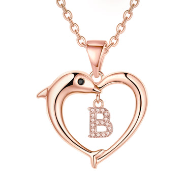 Lady Letter Dolphin Heart Shape Stainless Steel Copper Plating Inlay Zircon 14k Gold Plated Pendant Necklace