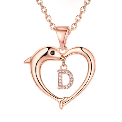 Lady Letter Dolphin Heart Shape Stainless Steel Copper Plating Inlay Zircon 14k Gold Plated Pendant Necklace