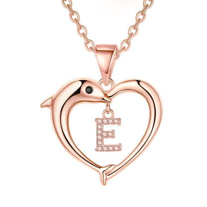 Lady Letter Dolphin Heart Shape Stainless Steel Copper Plating Inlay Zircon 14k Gold Plated Pendant Necklace