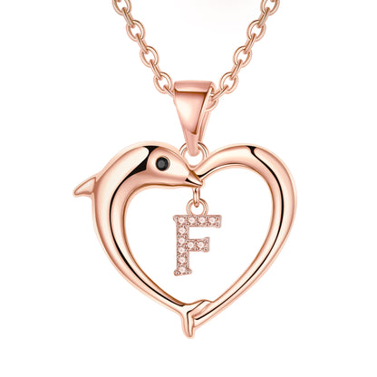 Lady Letter Dolphin Heart Shape Stainless Steel Copper Plating Inlay Zircon 14k Gold Plated Pendant Necklace