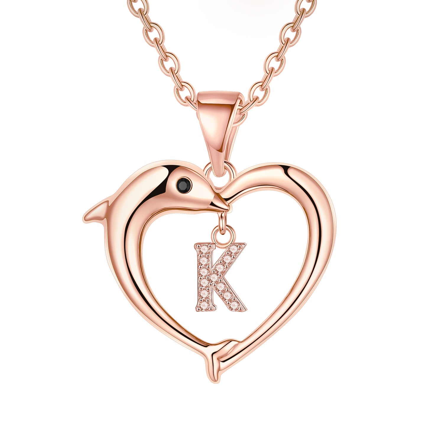 Lady Letter Dolphin Heart Shape Stainless Steel Copper Plating Inlay Zircon 14k Gold Plated Pendant Necklace