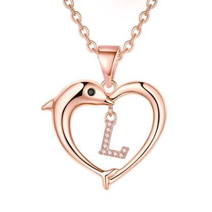 Lady Letter Dolphin Heart Shape Stainless Steel Copper Plating Inlay Zircon 14k Gold Plated Pendant Necklace