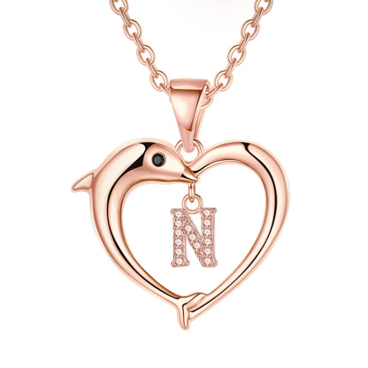 Lady Letter Dolphin Heart Shape Stainless Steel Copper Plating Inlay Zircon 14k Gold Plated Pendant Necklace