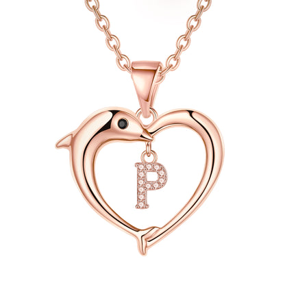 Lady Letter Dolphin Heart Shape Stainless Steel Copper Plating Inlay Zircon 14k Gold Plated Pendant Necklace