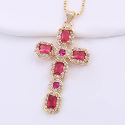 Lady Artistic Shiny Cross Copper 18k Gold Plated Zircon Pendant Necklace In Bulk