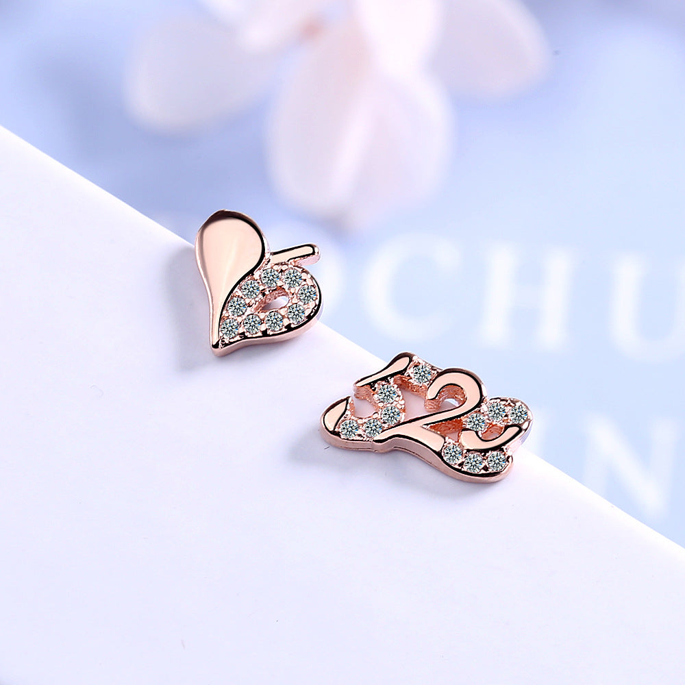 1 Pair Simple Style Number Heart Shape Asymmetrical Plating Inlay Copper Zircon Ear Studs