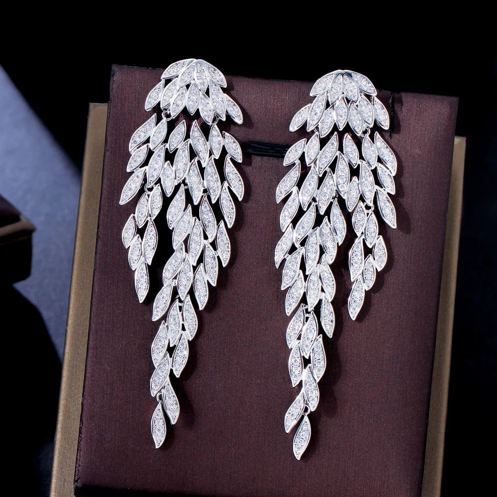 1 Pair Casual Wedding Romantic Leaves Tassel Plating Inlay Copper Zircon Rhodium Plated Silver Plated Drop Earrings