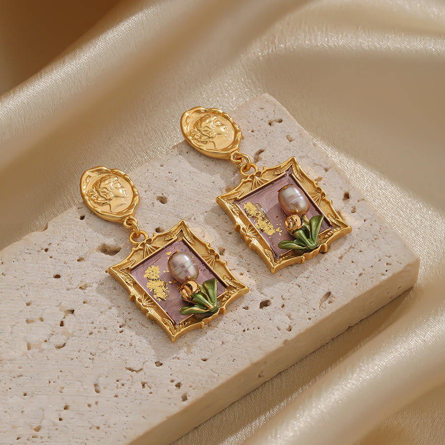 1 Pair Retro Pastoral Square Oval Flower Plating Hollow Out Inlay Copper Freshwater Pearl Shell 18k Gold Plated Drop Earrings