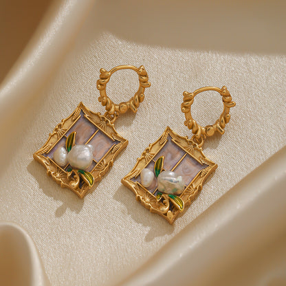 1 Pair Retro Pastoral Square Oval Flower Plating Hollow Out Inlay Copper Freshwater Pearl Shell 18k Gold Plated Drop Earrings