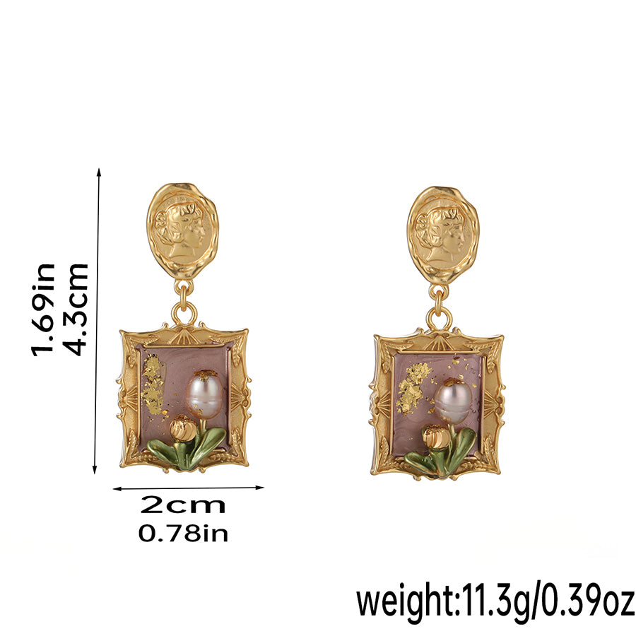 1 Pair Retro Pastoral Square Oval Flower Plating Hollow Out Inlay Copper Freshwater Pearl Shell 18k Gold Plated Drop Earrings