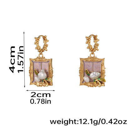 1 Pair Retro Pastoral Square Oval Flower Plating Hollow Out Inlay Copper Freshwater Pearl Shell 18k Gold Plated Drop Earrings