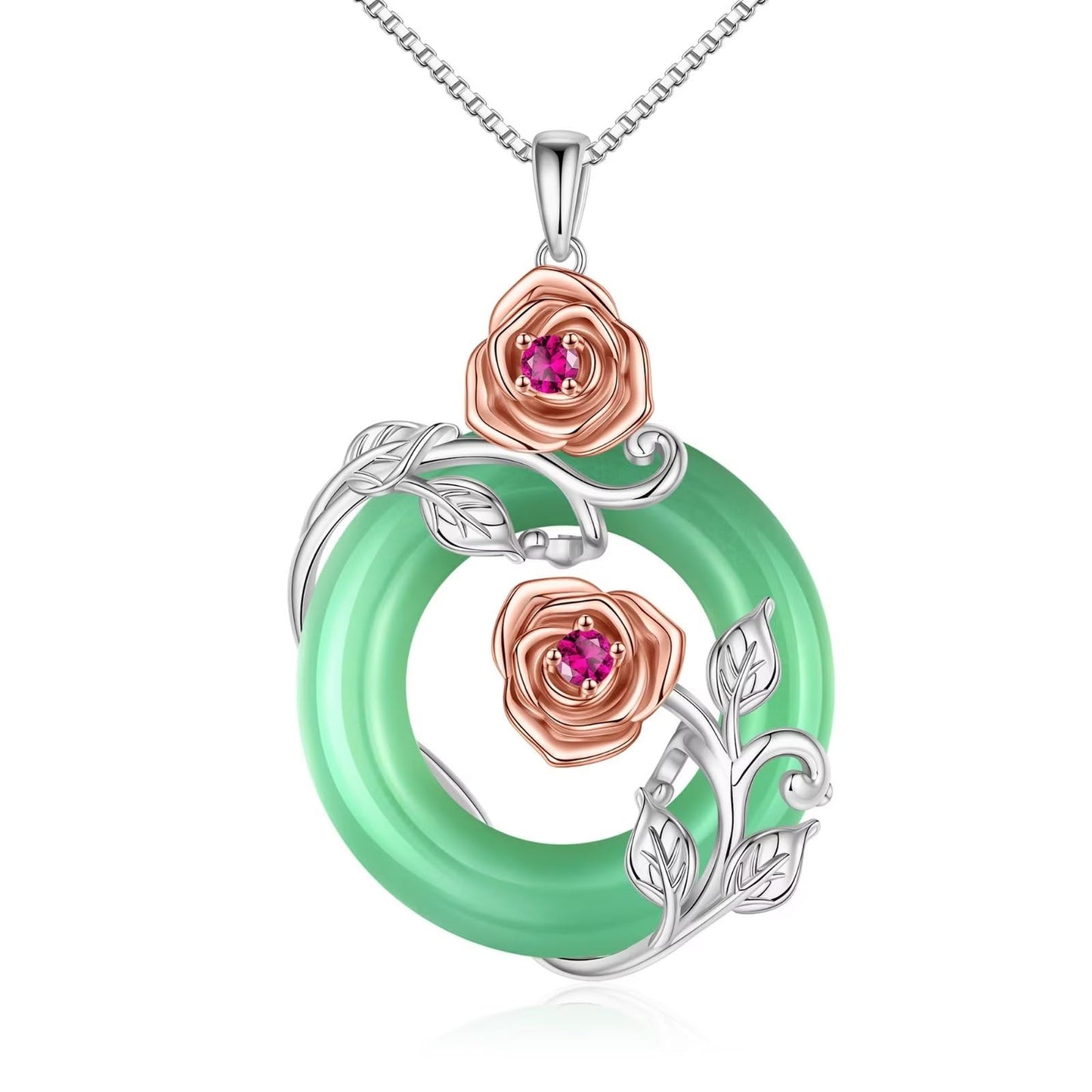 Romantic Rose Copper Plating Inlay Jade Rose Gold Plated White Gold Plated Pendant Necklace