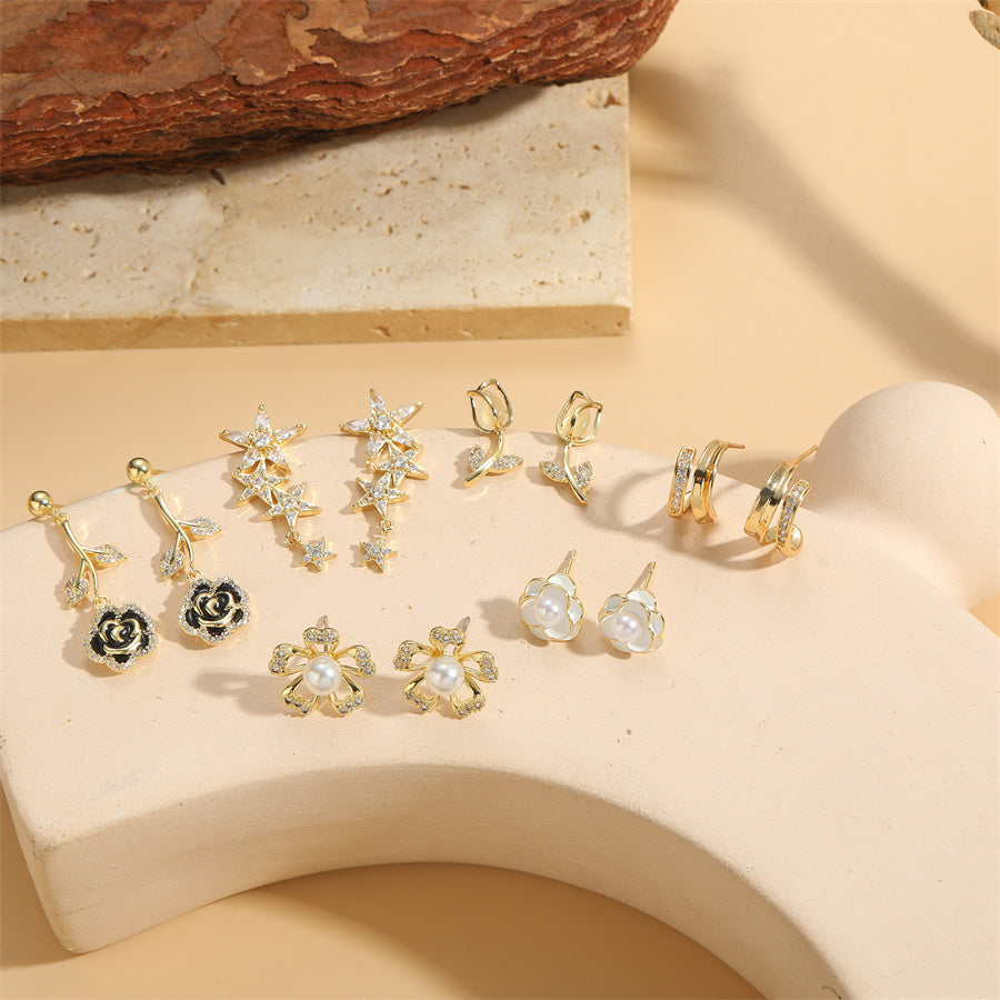 1 Pair Sweet Commute Star Flower Enamel Plating Inlay Copper Pearl Zircon 14k Gold Plated Drop Earrings Ear Studs