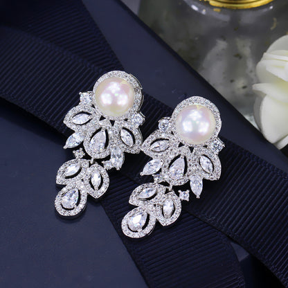 1 Pair Elegant Geometric Plating Inlay Copper Artificial Pearls Zircon Rhodium Plated Silver Plated Drop Earrings