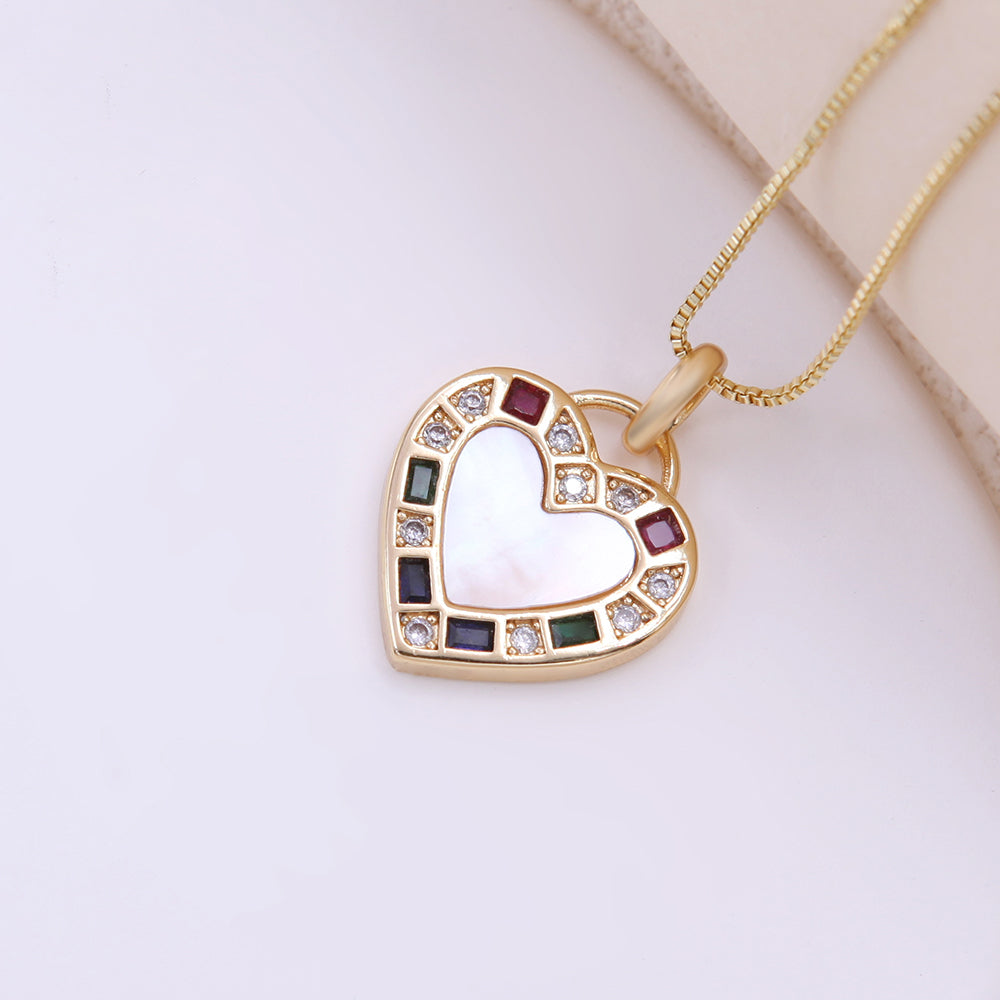 Romantic Heart Shape Copper Plating Inlay Shell Zircon 18k Gold Plated Pendant Necklace