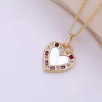 Romantic Heart Shape Copper Plating Inlay Shell Zircon 18k Gold Plated Pendant Necklace