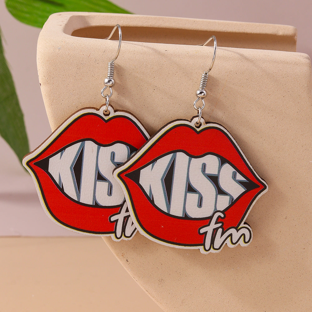 1 Pair Romantic Lips Car Heart Shape Alloy Wood Drop Earrings