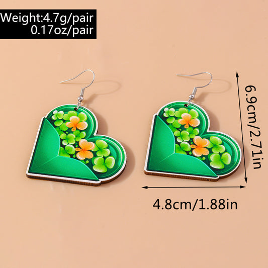 1 Pair Romantic Shamrock Heart Shape Alloy Wood Drop Earrings