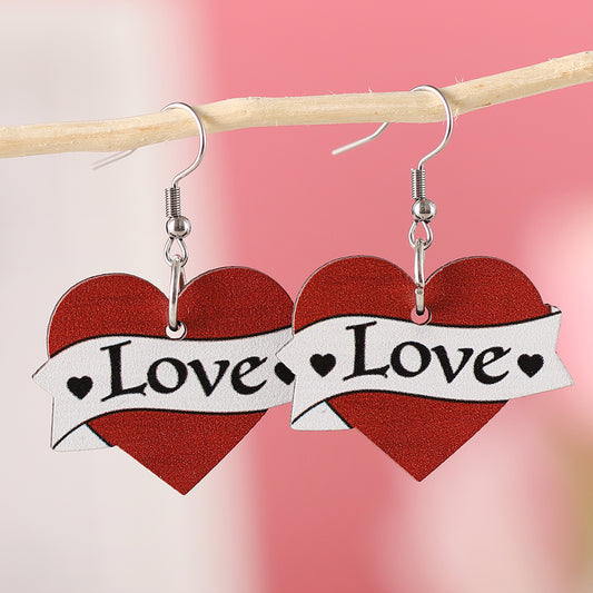 1 Pair Romantic Letter Heart Shape Wood Drop Earrings