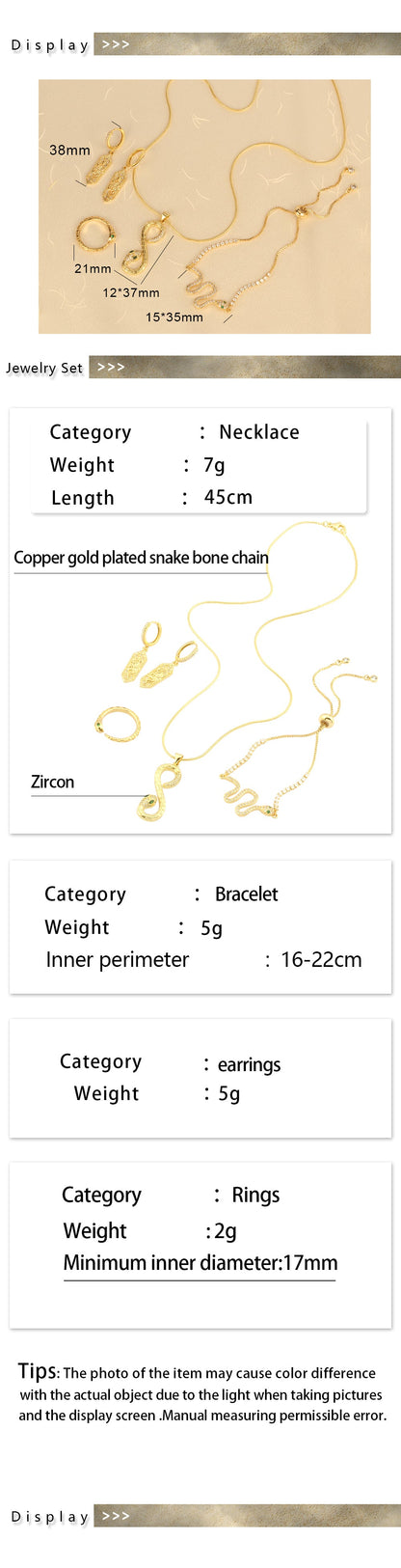 Elegant Simple Style Snake Copper Plating Inlay Zircon 18k Gold Plated Jewelry Set