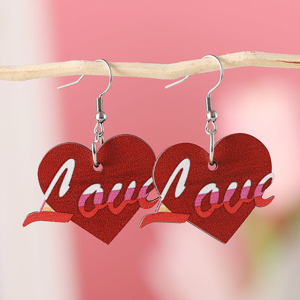 1 Pair Romantic Letter Heart Shape Wood Drop Earrings