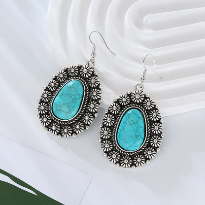 1 Pair Vintage Style Classic Style Geometric Plating Inlay Alloy Turquoise Silver Plated Drop Earrings