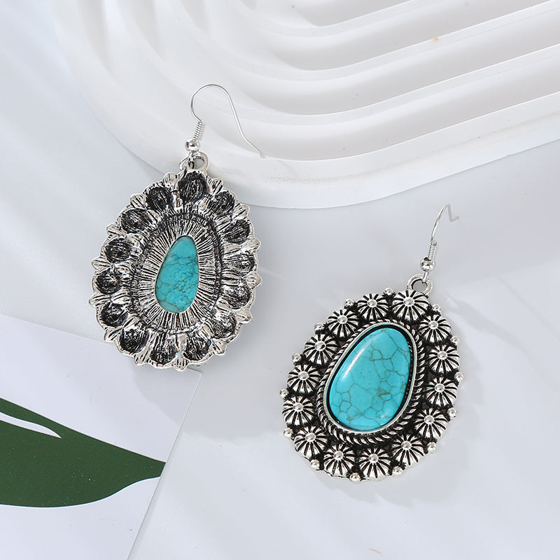 1 Pair Vintage Style Classic Style Geometric Plating Inlay Alloy Turquoise Silver Plated Drop Earrings