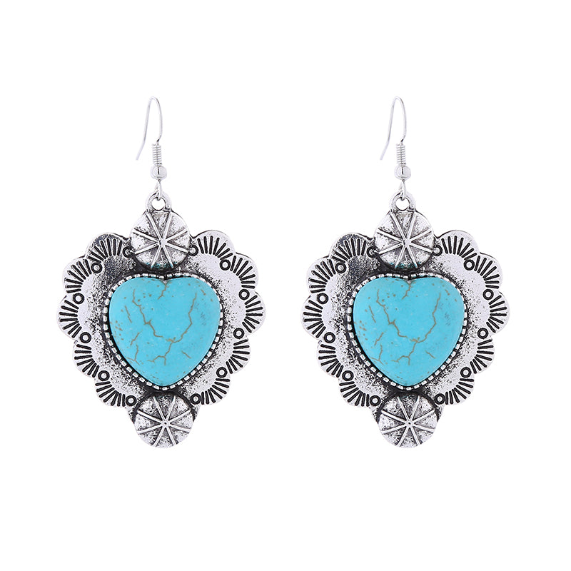 1 Pair Vintage Style Simple Style Heart Shape Plating Inlay Alloy Turquoise Silver Plated Drop Earrings