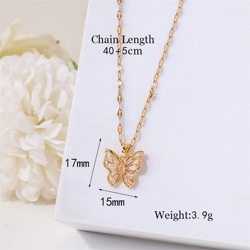 Simple Style Butterfly Stainless Steel Titanium Steel Plating Inlay Zircon 18k Gold Plated Pendant Necklace