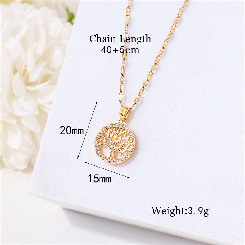 Simple Style Tree Stainless Steel Titanium Steel Plating Inlay Zircon 18k Gold Plated Pendant Necklace